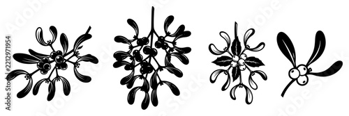 Mistletoe branches with berries set for Christmas holiday kiss tradition in black silhouette vector style