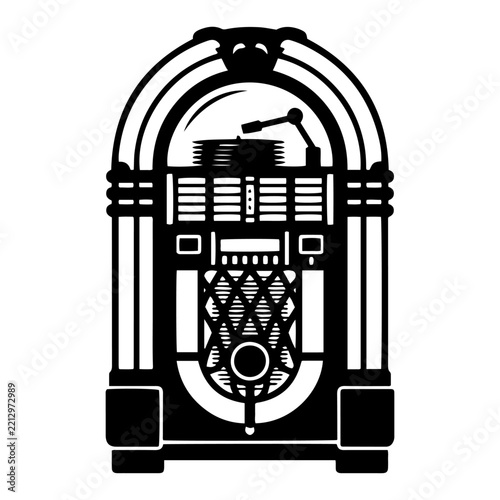 Jukebox retro music player with vinyl records in black silhouette style