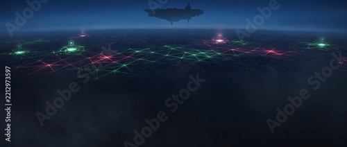 Futuristic Maritime Defense Network with Glowing Tracking Grid