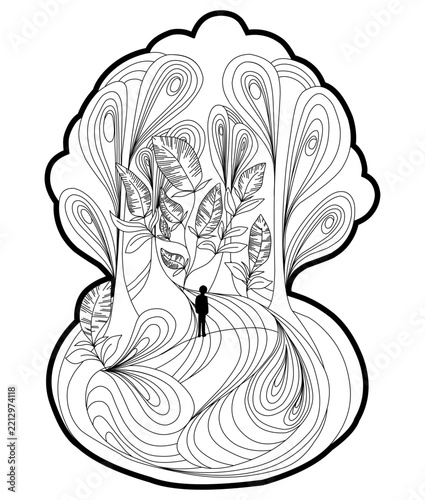 Surreal vector line art illustration featuring a lonely human silhouette walking inside a surreal frame filled with abstract feather-like trees, leaves, and flowing wavy lines. Minimalist black and wh