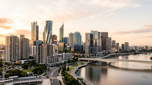 Modern city skyline along waterfront showcasing contemporary