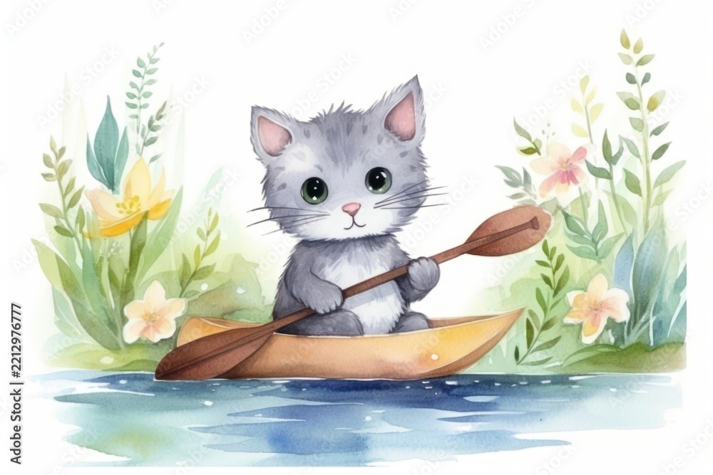 Fototapeta premium Cat Rowing a canoeing animal drawing mammal.