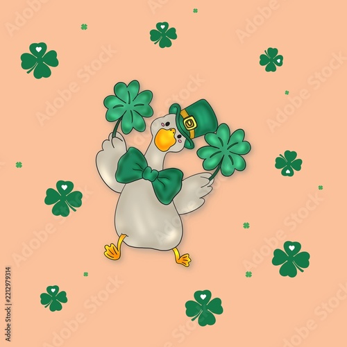 Cute cartoon duck holding a four-leaf clover for St. Patrick’s Day, featuring a cheerful hand-drawn style and festive Irish holiday theme. Ideal for stickers, holiday illustrations, greeting cards