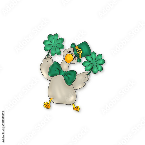 Adorable cartoon duck holding a lucky four-leaf clover, celebrating St. Patrick’s Day in a charming hand-drawn style. A festive Irish holiday illustration perfect for stickers, greeting cards