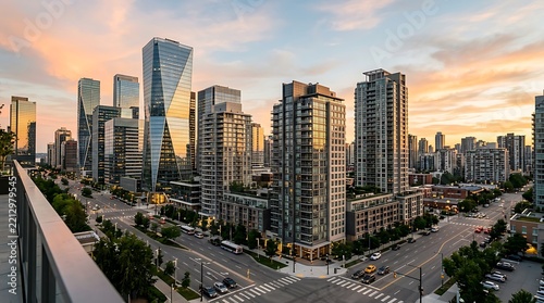 Modern city skyline with high-rise buildings during sunset