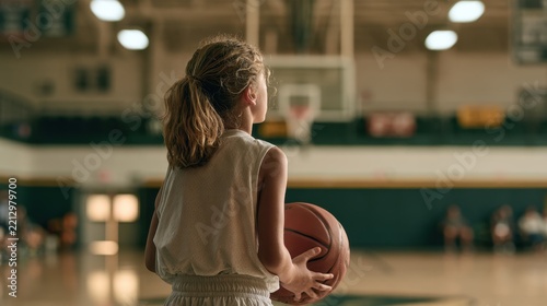 Young girl holding basketball in gym court during practice youth sports portrait for design, poster, background