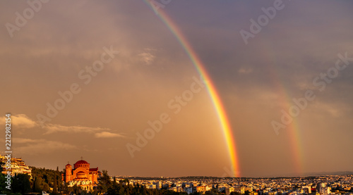 Double Rainbow Over Saint Paul Church and Thessaloniki Cityscape Following a Rainstorm