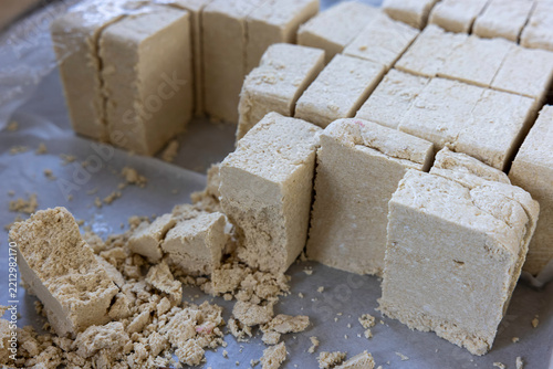 Traditional Greek Halva Blocks Displayed at a Christmas Market Food Stall