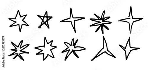 Star sketch contour collection. Hand drawn sparkle shape set. Black brush stroke . Vector abstract magic spark shine pack. Crayon twinkle asterisk doodle bundle for sticker, collage, poster, sticker,
