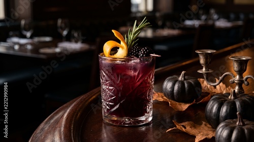Purple cocktail in a crystal glass with garnish on a bar counter with autumn