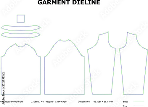 Garment dieline template with front, back, and sleeve pattern pieces, featuring green bleed lines and blue trim lines on white background