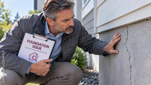 Home Inspector Examining Foundation Crack Before Property Purchase