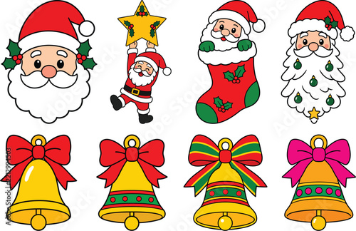 Set of cute christmas santa claus characters and decorative bells with red bows