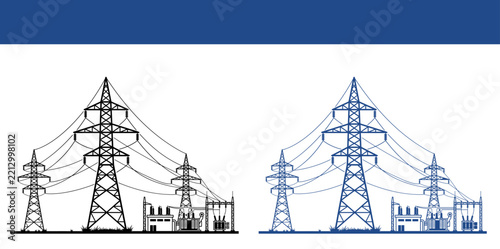 Black and white line drawing of four electric power transmission towers of different sizes connected by wires on a simple minimal design style