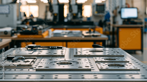 Close-up of a metal fabrication table covered with precision-cut steel parts, measuring tools and organized workshop equipment, industrial craftsmanship, engineering production,