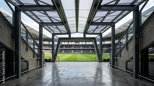 Modern stadium interior with steel structure and green grass field view from the entrance tunnel under a large glass roof