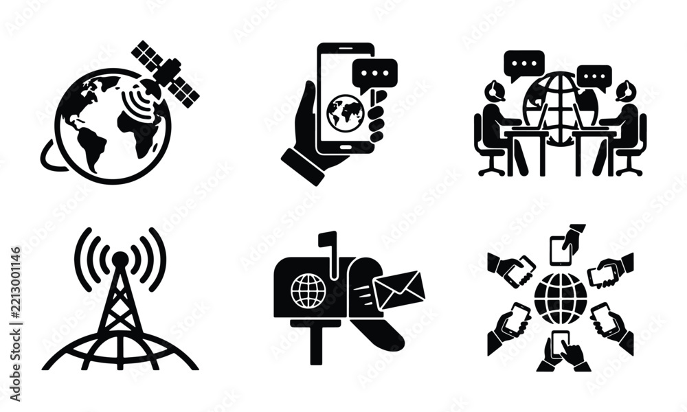Obraz premium Global communication vector icons, satellite and internet technology symbols for digital media