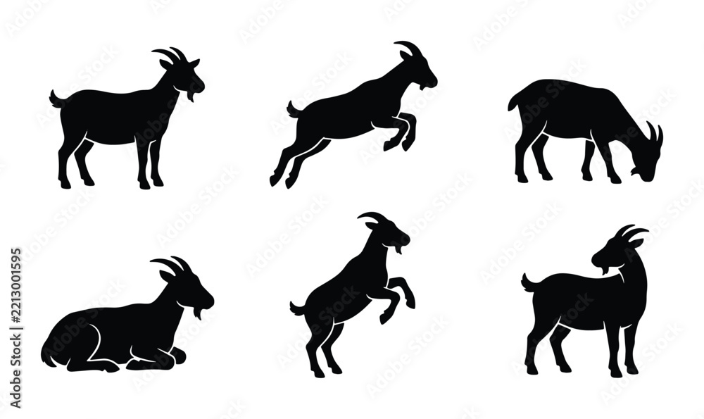 Obraz premium Goat silhouettes vector set, farm animals collection, black wildlife graphic design elements