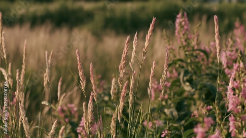 Tall grass stalks and pink flowers in a field