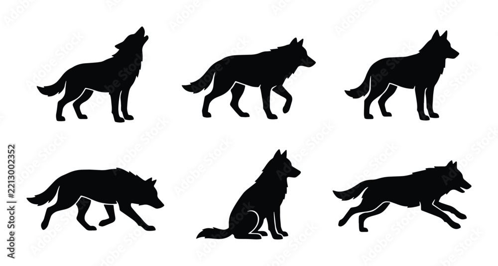 Obraz premium Wolf silhouettes vector set, black wild animal icons, howling and running wolves design elements