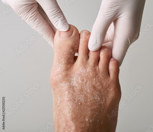Gloved hands examining a foot with dry, flaky skin and signs of irritation