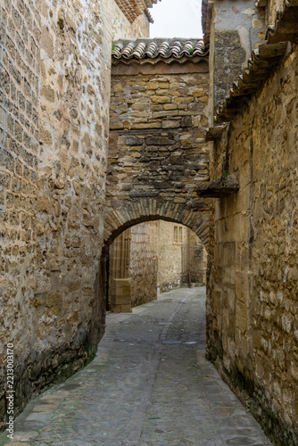 Baeza, Spain, presenting a historic alleyway with old stone walls, a prominent arch, and traditional tiled roofs, reflecting the rich medieval architecture of Andalusia