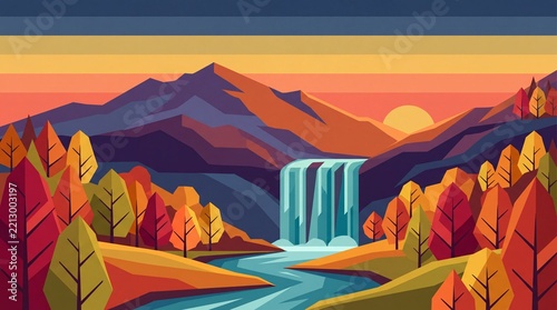 Flat Vector Mountain Waterfall Autumn Landscape Illustration
