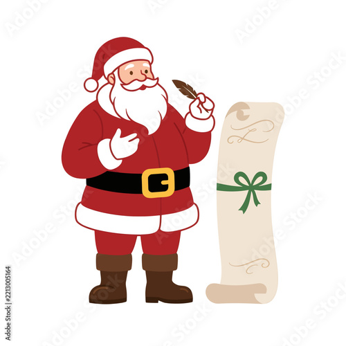 Santa Claus Reading Christmas Wish List with Quill Pen
