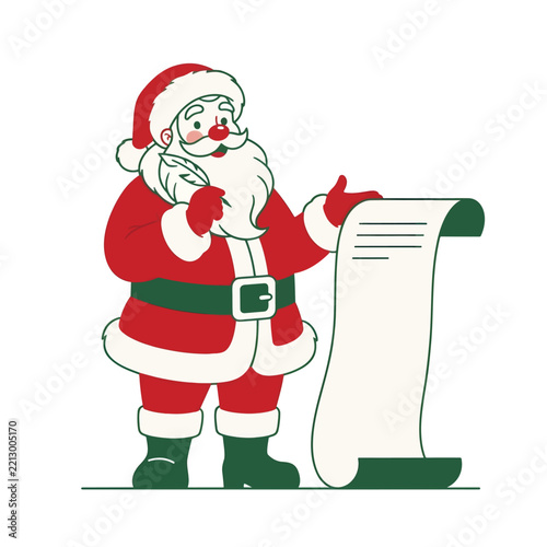 Santa Claus Reading Christmas Wish List with Quill Pen
