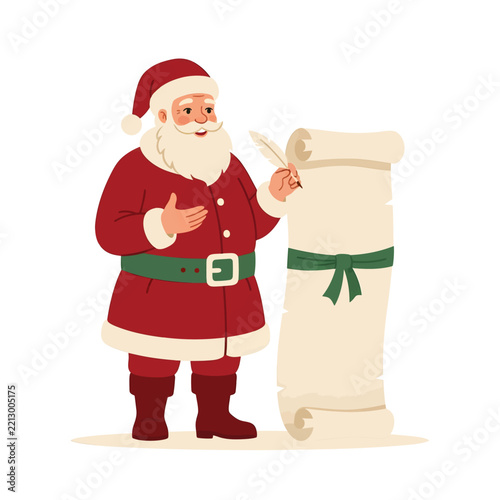 Santa Claus Reading Christmas Wish List with Quill Pen