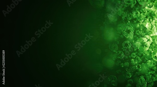 Microscopic view of bright green organic cells or bubbles, blurry on left