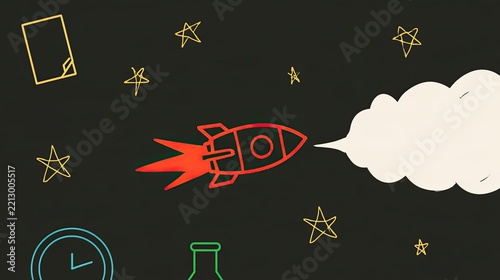 Red rocket with fiery exhaust, stars, and school objects on a dark background