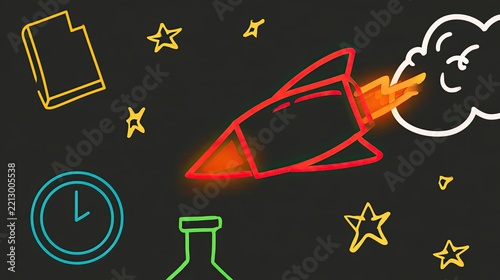 A neon rocket blasts off with stars, a book, clock, and beaker on chalkboard