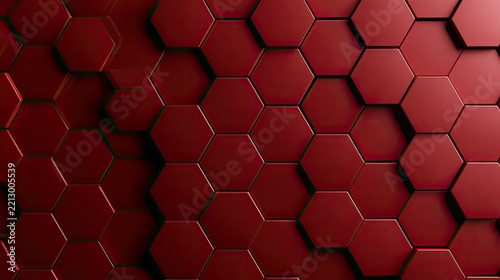 Deep red hexagonal tiles form a textured, abstract background with subtle shadow variations