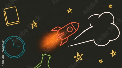 Cartoonish rocket blasting off past stars, books, clock, and lab flask