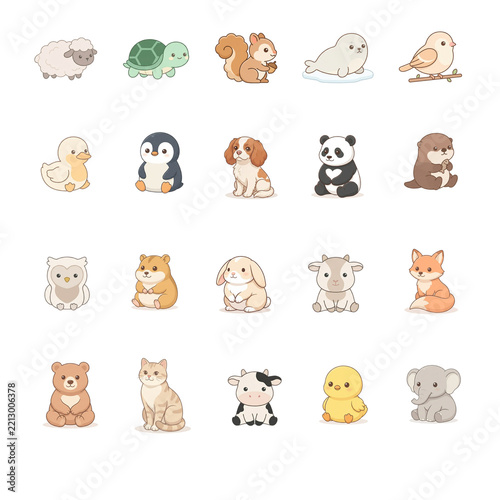 Set of 20 cute cartoon animal icons, kawaii flat vector style
