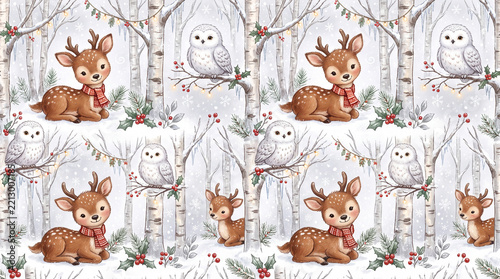 seamless repeating christmas holiday celebration background featuring cute woodland animals like fuzzy brown deer and fluffy white snowy owls sitting among cold frosted birch trees