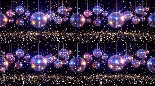 repeating seamless backdrop of sparkling crystal disco balls reflecting bright party lights over an endless sea of floating glitters and shimmering sequins under a pitch black midnight sky