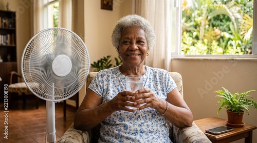 Elderly African American woman smiles holding a glass of water near a fan for cooling