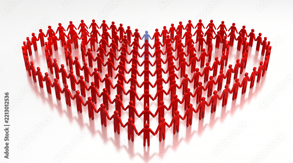© Arfan - Large group of red figures forming heart shape with one blue figure inside with Day Dead November 2 Dia de los Muertos figure standing centrally stylized human figures Calavera