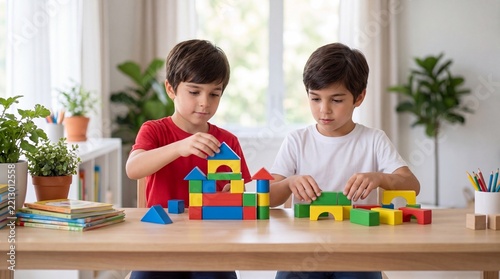 Young children playing with colorful building blocks at home, encouraging teamwork, creativity, communication, problem solving, early childhood education, cognitive development, and imaginative play. 