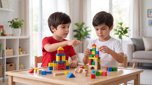 Happy young children playing with colorful building blocks at home, encouraging creativity, teamwork, communication, early childhood education, cognitive development, problem solving, joyful learning.