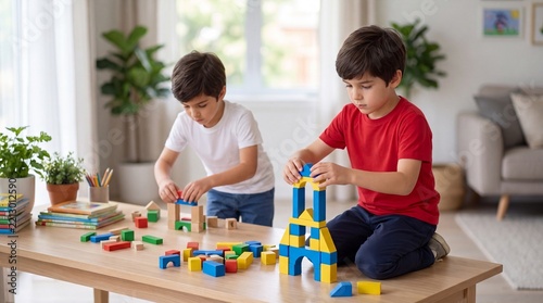Two young children building colorful wooden blocks together at home, promoting creativity, concentration, teamwork, cognitive development, early childhood education, and imaginative play.