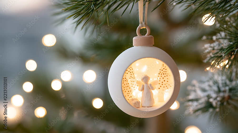 Fototapeta premium A white ceramic Christmas bauble ornament hang on a pine tree branch with a glowing angel figurine inside and bokeh lights in back