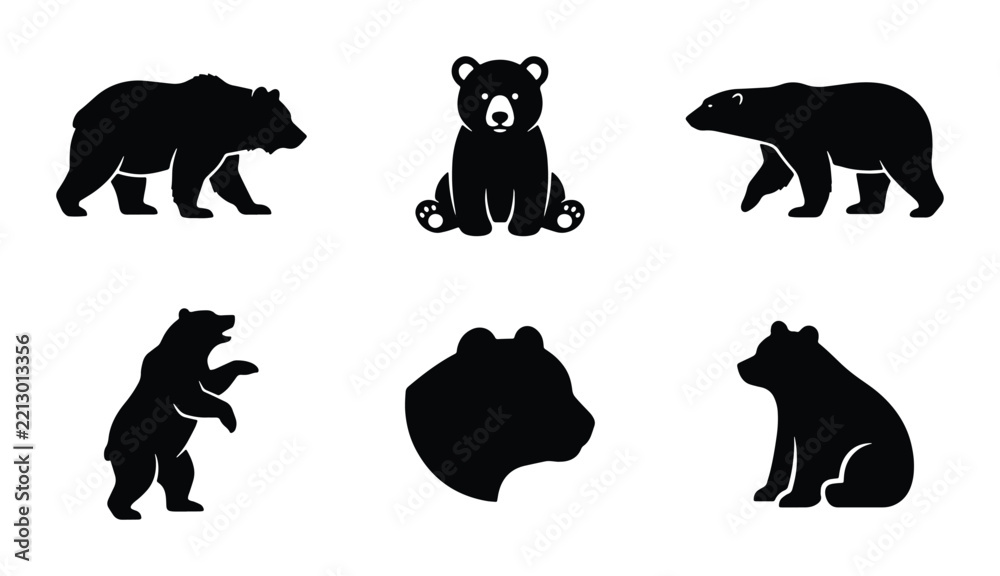 Fototapeta premium Vector bear silhouettes set, black wildlife animal icons for design and branding projects