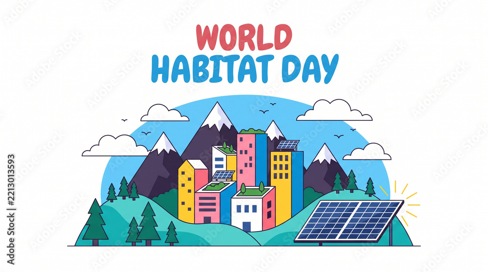 Fototapeta premium World habitat day illustration featuring colorful buildings with solar panels in a scenic mountainous landscape with cityscape surrounded mountains Sustainable Development Goals