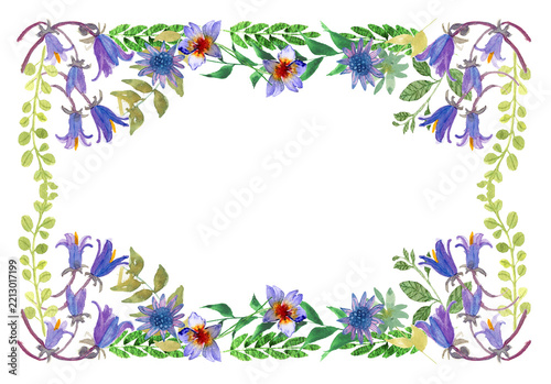 Cornice floreale con delicati fiori viola e foglie, illustrazione ad acquerello dipinta a mano ideale per cartoline, biglietti, etichette