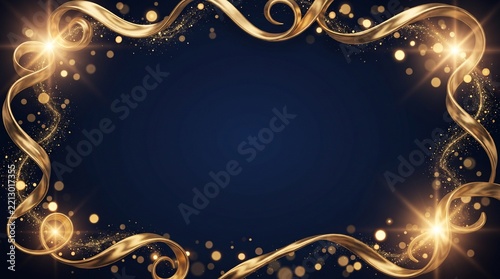 Elegant abstract background with dark blue and gold particles, Christmas golden light bokeh on navy blue, gold foil texture for holiday themes