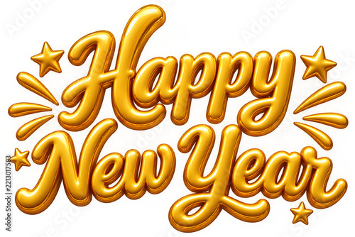 Happy New Year Golden 3D Lettering with Stars and Sparkles Isolated on Transparent Background