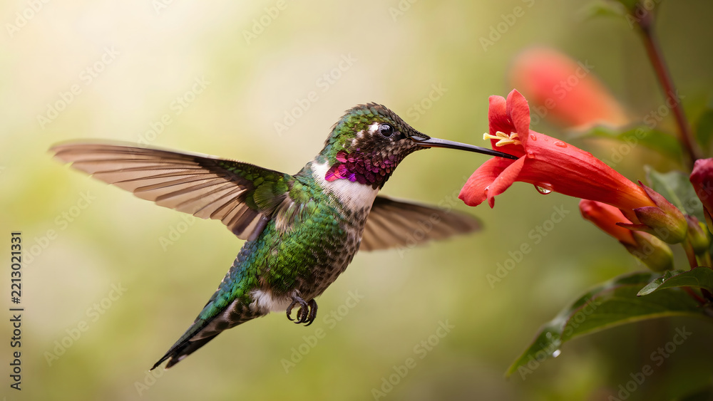 Fototapeta premium A hummingbird with green feathers and a purple throat hovers to drink nectar from a red flower in a lush green garden environment